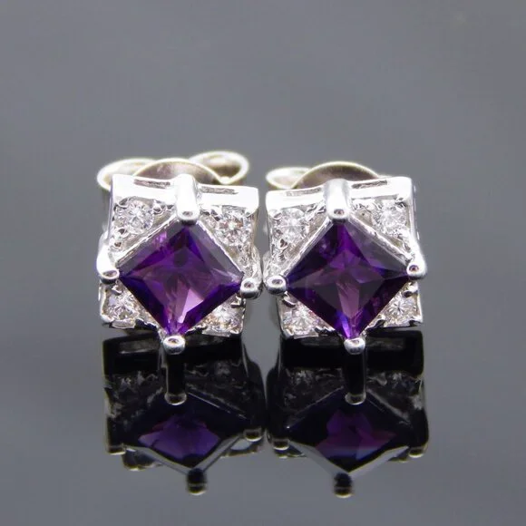Genuine Amethyst Cushion Cut Earrings in 925 Sterling Silver - Picture 1 of 6